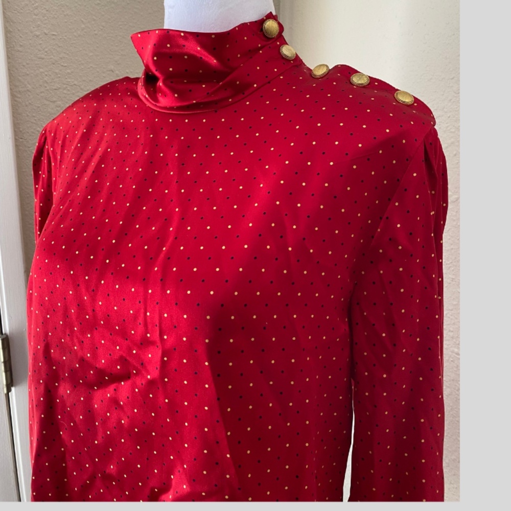 Vintage 80s 100% Silk Polka Dot Red Blouse